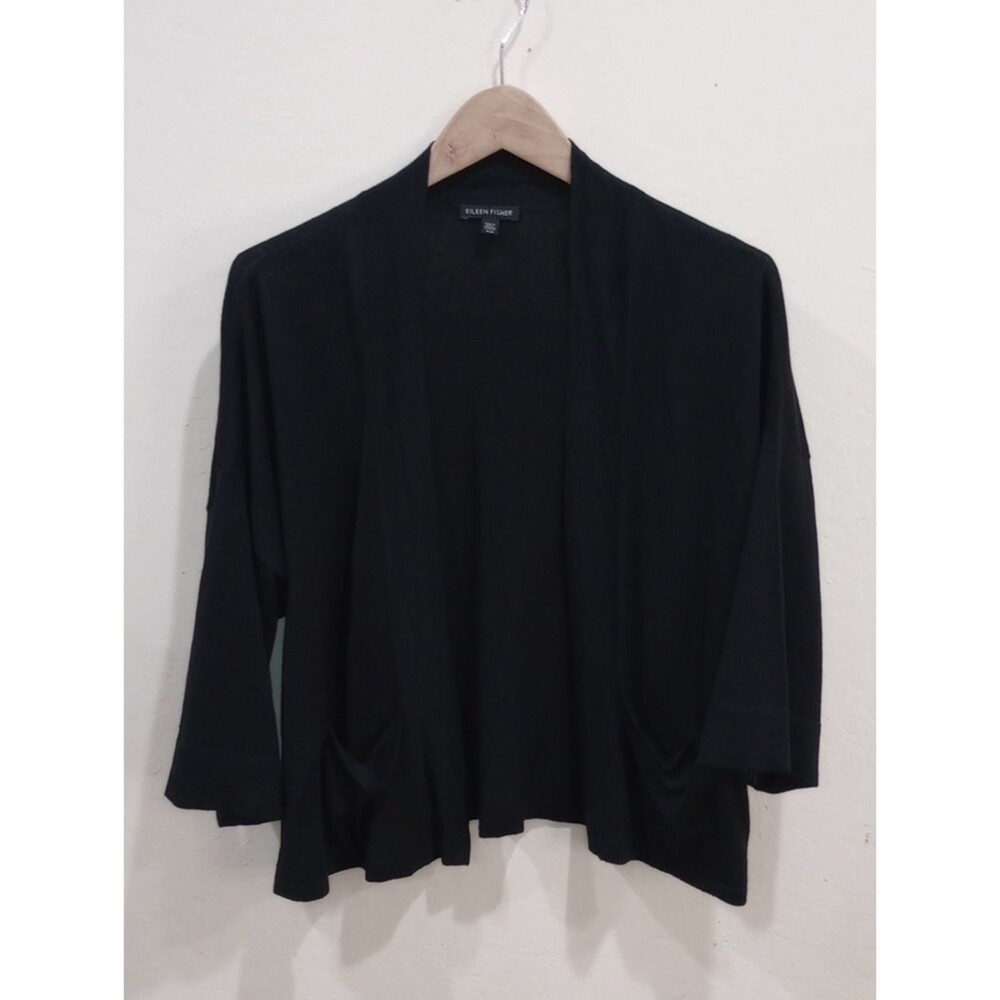 Eileen Fisher Sheer Black Organic Linen Open Front Cropped Cardigan - Size S